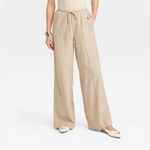 NWOT Women's High-Rise Wide Leg Linen Pull-On Pants - A New Day™ Tan XS